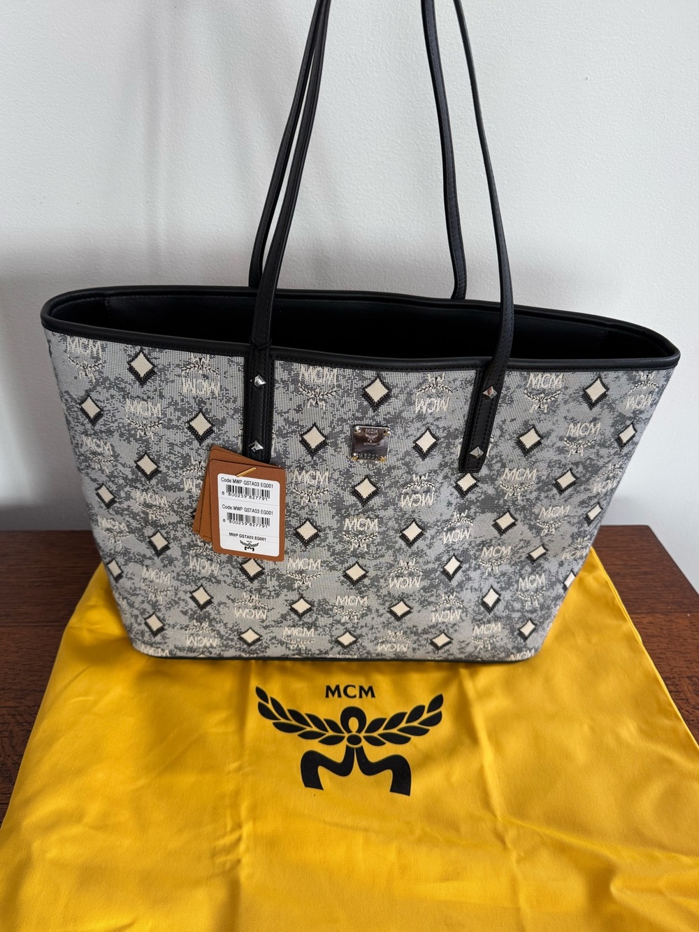 NWT MCM Aren Denim Gray Logo Pattern Tote with Black Trim